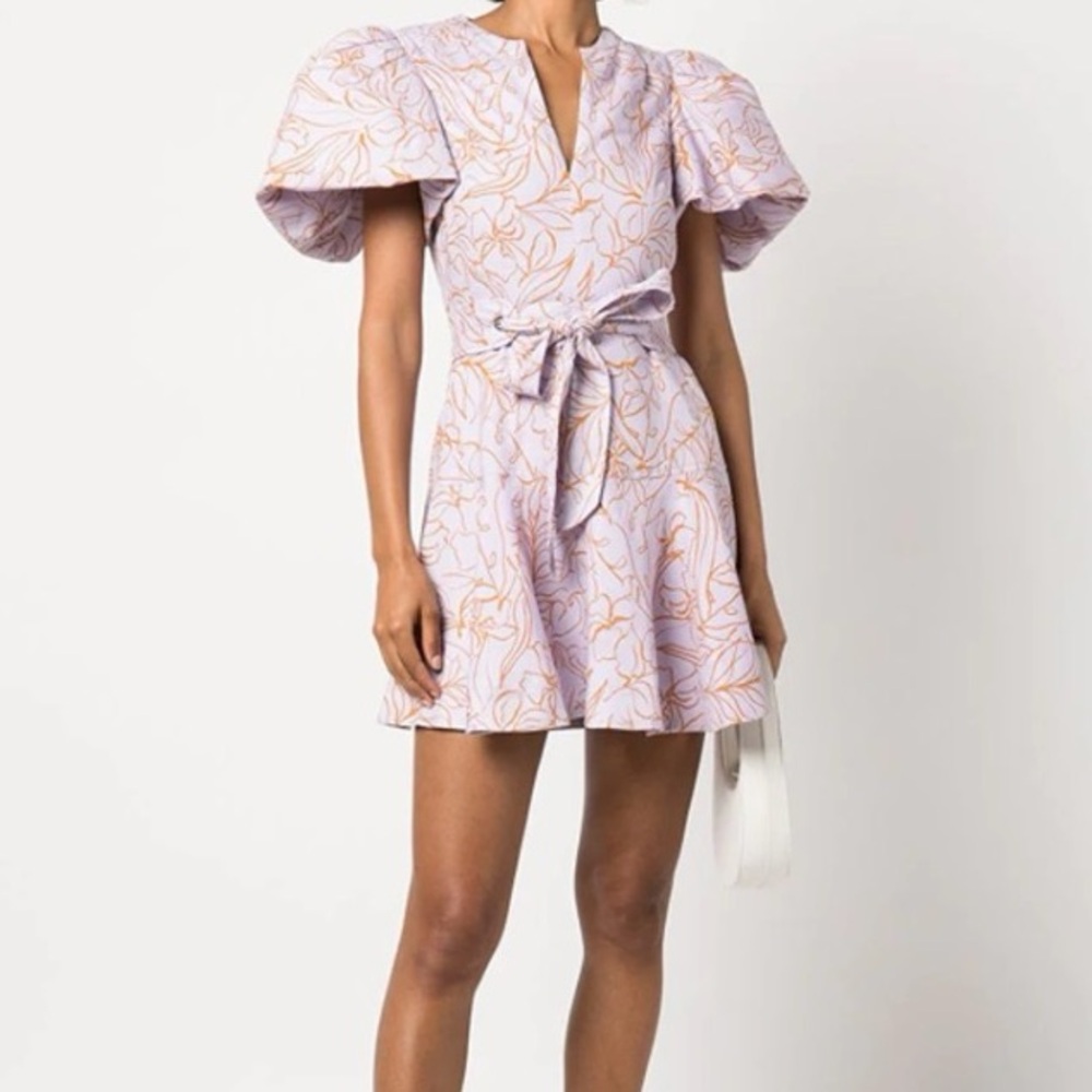 ORIG $520 Jonathan Simkhai Virginia belted floral puff-sleeve mini dress lupine